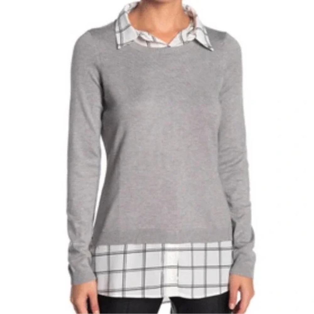 Adrianna Papell Top Peter Pan Collar Sweater Shirt Gray Plaid 2XL